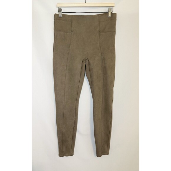 SPANX Faux Suede Tan Taupe Skinny Pull On Stretch Pants Leggings Women's LARGE - Picture 1 of 11